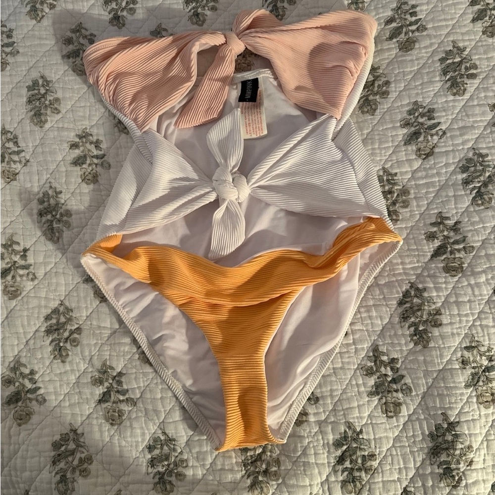 MINKPINK Pink, White, and Orange One Piece Swimsuit